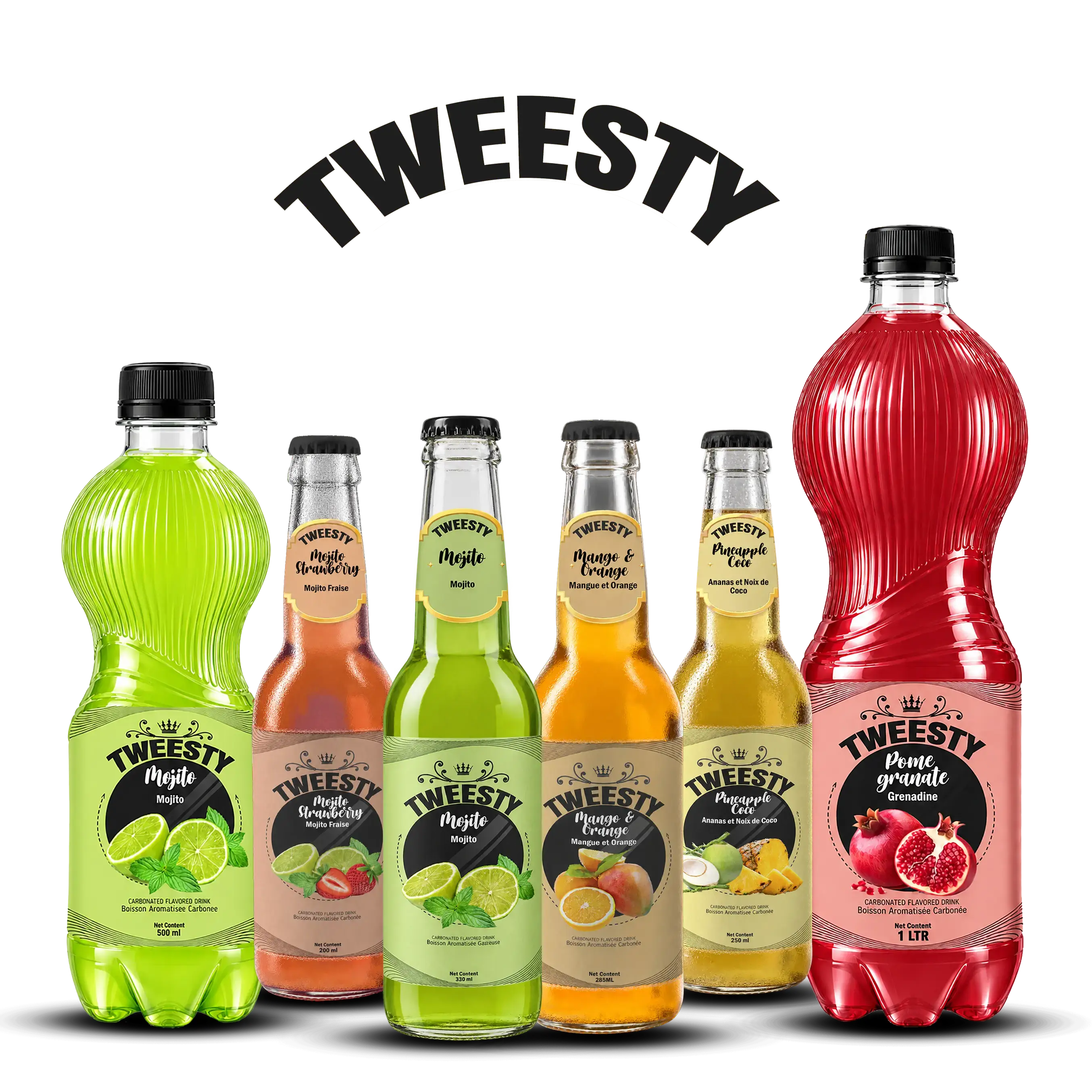 TWEESTY assorted carbonated flavoured drinks in multiple bottle sizes featuring Mojito, Mojito Strawberry, Mango Orange, Pineapple Coco and Pomegranate flavours